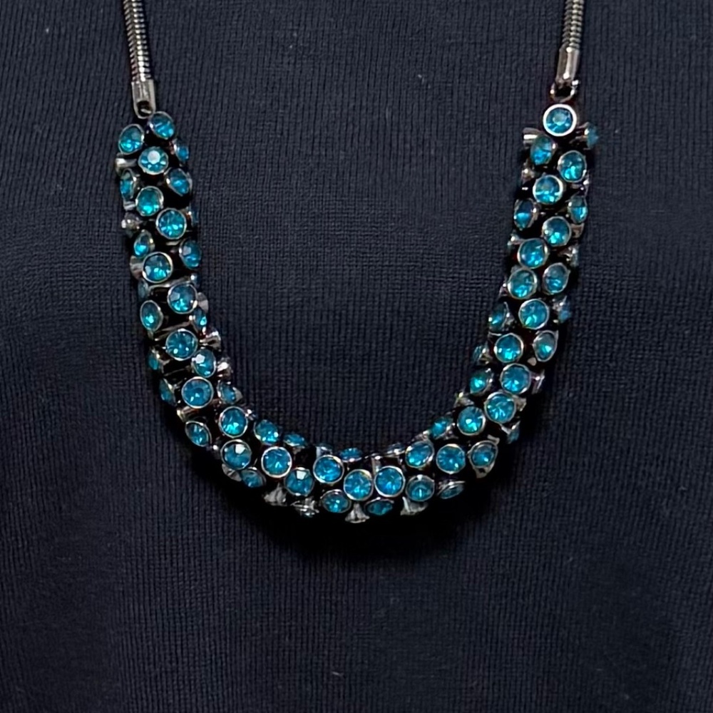 Necklace, long, adjustable, pewter color metal & aquamarine colored stones NOS